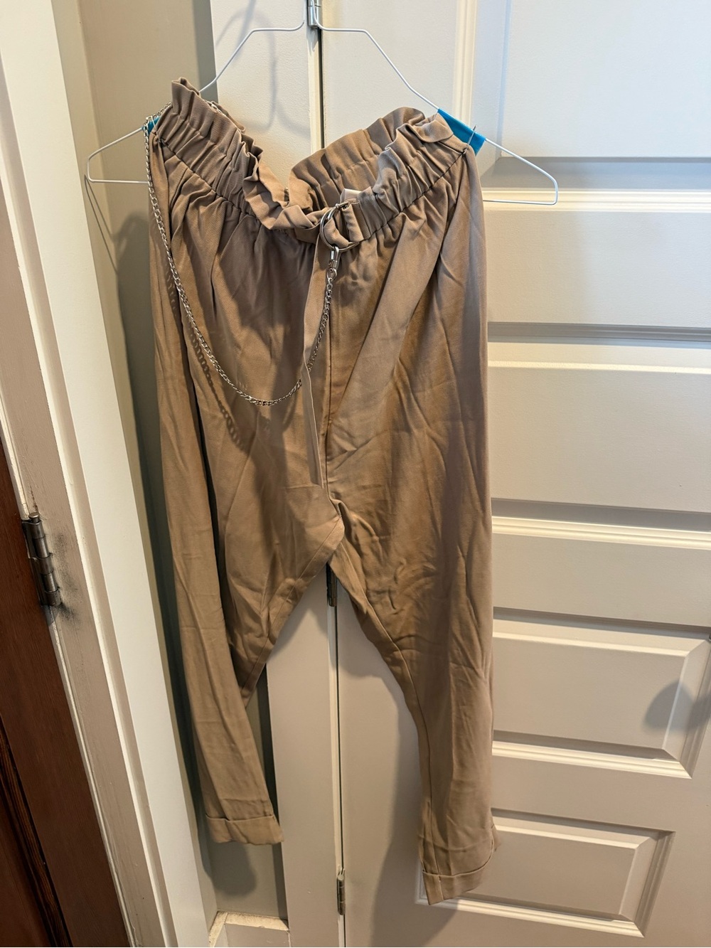 Women's Tan Paperbag Waist Chinos with Chain Detail